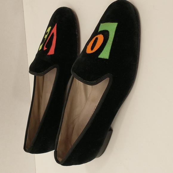 Black Velvet LOVE Flats Stubbs & Wootton Slipper Shoe Made in Spain Embroidered - Picture 3 of 11